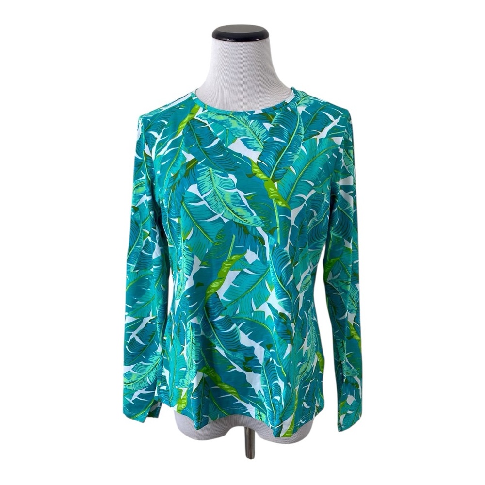 Lands End Rash Guard Athletic Swim Shirt Sz XL Green Aqua Palm Swim Tee UPF 50